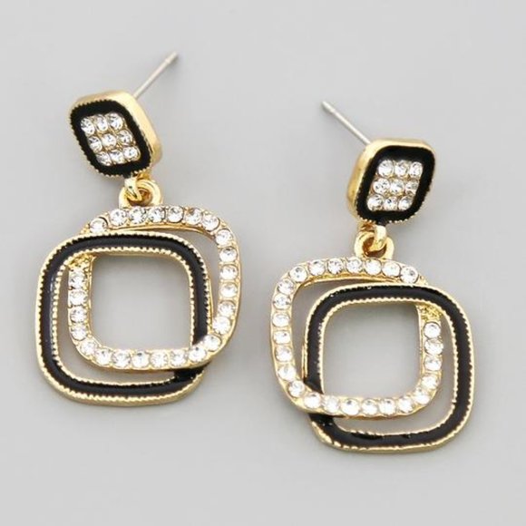 Gold-Tone Black Enamel Glass Stone Drop Earrings - Picture 1 of 13